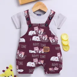 Jb Club Cotton Knit Half Sleeves Happy Time Text Printed Dungaree & Half Sleeves Tee Set - Maroon-picture-25