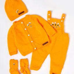 The Original Knit Knit Floral Embroidered Dungaree With Full Sleeves Sweater Cap & Socks Set - Yellow-picture-11