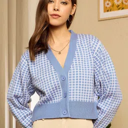 Berrylush Women Checked Crop Front Open Sweater-11