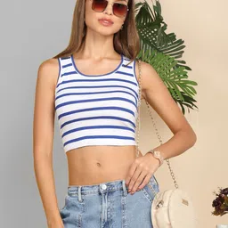 SZN Women Blue Cotton Striped Ribbed Crop Top-picture-13