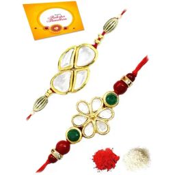 Karatcart Gold-Plated Kundan Rakhi with Roli Chawal & Greeting Card for Brother - Set of 2-20