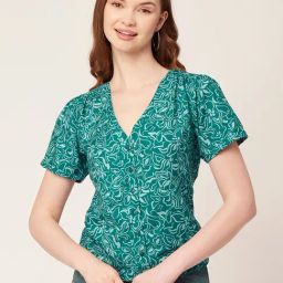 Moomaya Teal & White Rayon Floral Print Shirt-image-85