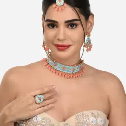 Zaveri Pearls Peach & Turquoise Meenakari Necklace, Earring, Maangtikka & Ring Set-ZPFK12632-image-28