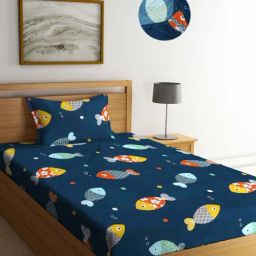 Klotthe Blue Cotton Blend 300 TC Single Elastic Bedsheet With 1 Pillow Cover-image-98
