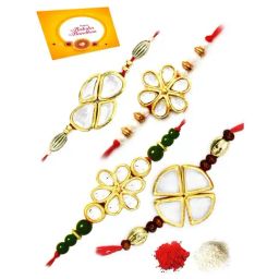 Karatcart Gold-Plated Kundan Rakhi with Roli Chawal & Greeting Card for Brother - Set of 4-30