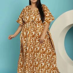 Secret Wish Mustard Floral Print Plus Size Kaftan Nighty-picture-41