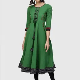 YASH GALLERY Green Cotton Embroidered Flared Kurta-image-47