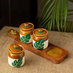 ExclusiveLane Shades of a Leaf Brown & Green Ceramic Multi-Purpose Jars - Set of 3 (0.22 L)-23