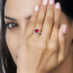 925 Silver Cusion Cut Red Ruby and American Diamond Flower Ring for Women & Girls-31