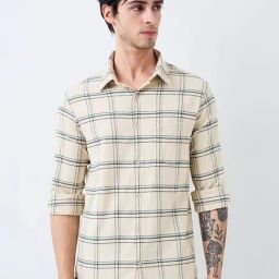 Spykar Men Beige Slim Fit Checkered Full Sleeve Casual Shirt-image-98