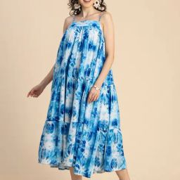Moomaya Blue & White Printed Midi Dress-image-60