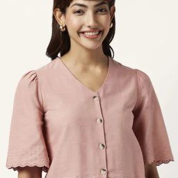 Akkriti by Pantaloons Pink Cotton Embroidered Crop Shirt-image-11
