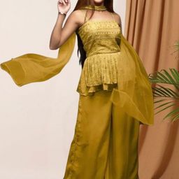 PARROT CREATION Floral Embroidered Sequinned Georgette Kurti With Palazzos And Dupatta image 2