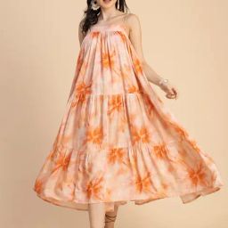 Moomaya Peach Printed Midi Dress-image-80