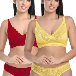 FIMS: Fashion is my Style Yellow & Maroon Cotton Lace Work Lingerie Set - Pack Of 2-image-14