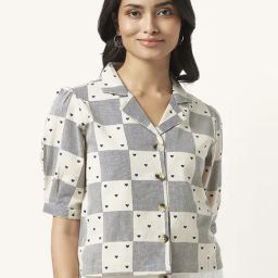 Akkriti by Pantaloons Beige & Blue Cotton Printed Crop Shirt-image-29