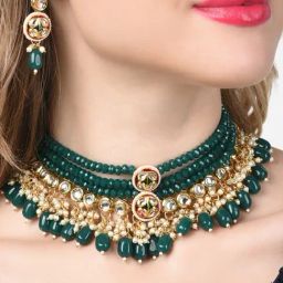 Zaveri Pearls Green Multistrand Crystal Beaded Kundan Choker Necklace & Earring Set-ZPFK14703-image-20