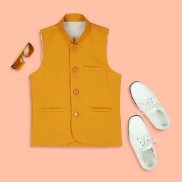 Kids Island Boys Gold Solid Nehru Jacket-31