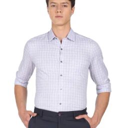 Arrow Grey Cotton Slim Fit Checks Shirt-image-18
