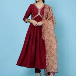 Jaipur Kurti Maroon Embroidered Kurta With Dupatta-image-1
