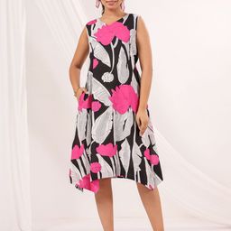Janasya Women's Black Pure Cotton Floral Printed Handkerchief Dress-image-9