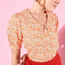 Mast & Harbour Bright Orange Floral Print Retro Optimism Statement Collars Shirt Style Top-image-14