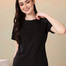 URBANICE Women Solid Round Neck Relaxed Fit Cotton Regular T-shirt-image-61