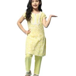 BIBA Girls Kids Yellow Cotton Floral Print Kurta Set-image-8