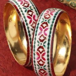 Oomph Jewellery White Red & Green Meenakari Floral Design Brass Bangles - Set of 2-image-7