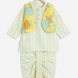 Campana Kids Yellow Floral Print Full Sleeves Kurta, Dhoti with Jacket-image-74