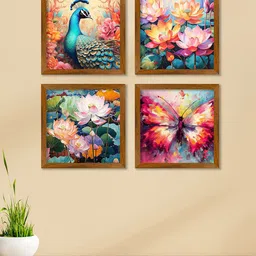 ArtVibes Blue & Pink 4 Pieces Peacock Printed Wooden Wall Art-27