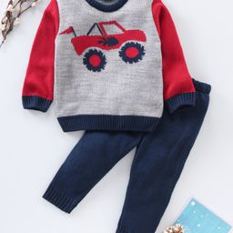 Babyhug Full Sleeves Sweater Set Intarsia Design - Grey Red-picture-28