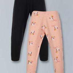 Plum Tree Pack Of 2 Solid & Unicorns Printed Leggings - Black Peach-image-82