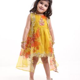 Babyhug Woven Sleeveless Ethnic Dress & Jacket Set With Floral Printed & Embroidery - Yellow-image-65