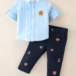 ToffyHouse 100% Cotton Woven Full Sleeves Striped Shirt and Trouser Set - Blue-image-1