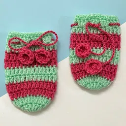 Little Peas Striped Pattern Handmade Woollen Mittens - Light Green & Dark Pink-picture-41