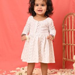 Vastramay Full Sleeves Paisley Chikankari Embroidered Fit & Flare Ethnic Dress - White-image-98