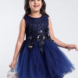 Mark & Mia Sleeveless Party Frock with Stone & Floral Applique- Navy Blue-image-86