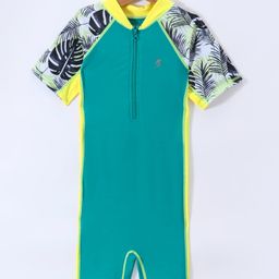 Bosky Swimwear Half Sleeves Bodysuit with Leaf Print - Aqua-image-84