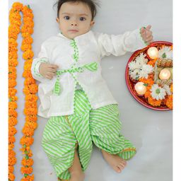 BownBee Pure Cotton Full Sleeves Leheriya Designed Kurta & Dhoti Set - White-image-80