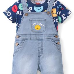 Babyhug Single Jersey Knit Dungaree with Half Sleeves T-Shirt &Smiley Print - Navy Blue-image-39