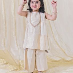 Tiber Taber Cotton Lurex Sleeveless  Striped Kurta With Coordinating Palazzo Set - Cream-image-76