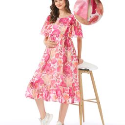 Bella Mama Woven Flutter Sleeves Maternity Dress Floral Print - Pink-image-80