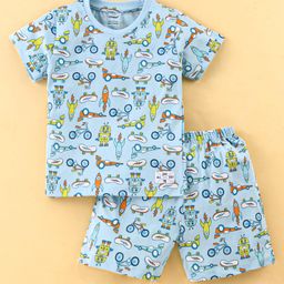 Cucumber Cotton Half Sleeves Night Suit Vehicle Print - Sky Blue-image-59