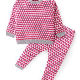 Babyhug Knit Full Sleeves Sweater Set With Argyle Design - Red-image-104