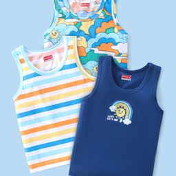 Babyhug 100% Cotton Single Jersey Knit Sleeveless Sandos with Stripes & Rainbow Print Pack of 3 - Yellow & Blue-image-34