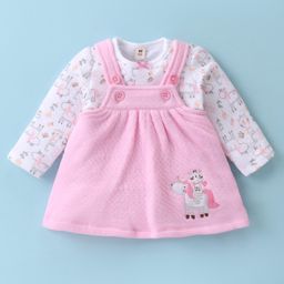 ToffyHouse Cotton Knit Frock & Full Sleeves Inner Tee With Unicorn Print & Embroidery - Pink-image-89