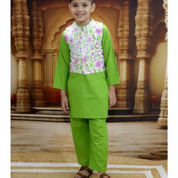 Junitos Pure Cotton Full Sleeves Floral Printed Kurta Pyjama With Jacket-Green-image-46