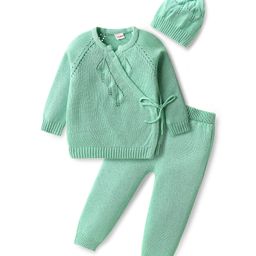 Babyhug Cotton Knit Full Raglan Sleeves Sweater Set with Cap - Sea Green-image-80