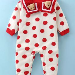 Kookie Kids Full Sleeves Polka Dots Printed Winter Wear Romper with Teddy Applique - Red-image-23